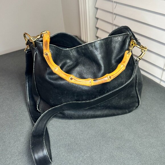 Gucci Handbags - 🖤 GUCCI BLACK LEATHER SHOULDER BAG W/ BAMBOO HANDLE & STRAP - VINTAGE 🖤